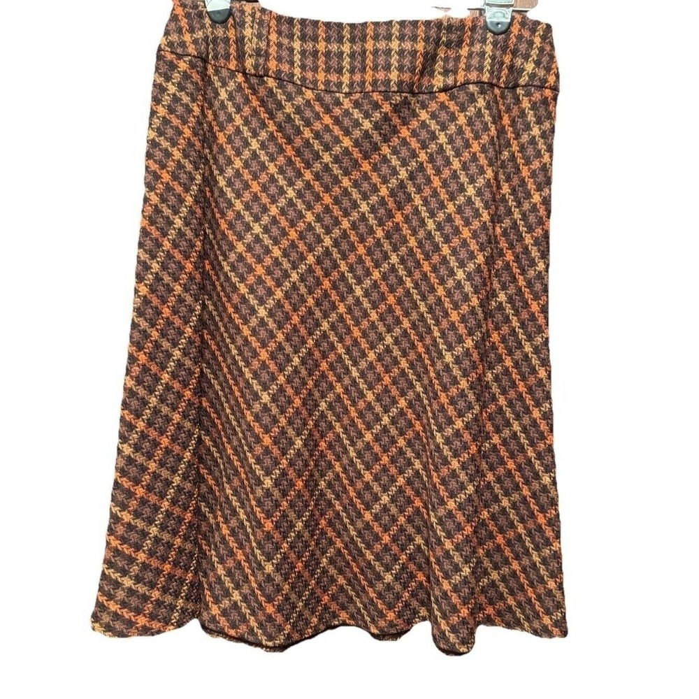 Dressbarn Womens Size 12 Brown Orange Houndstooth Plaid A-Line Knee Length Skirt